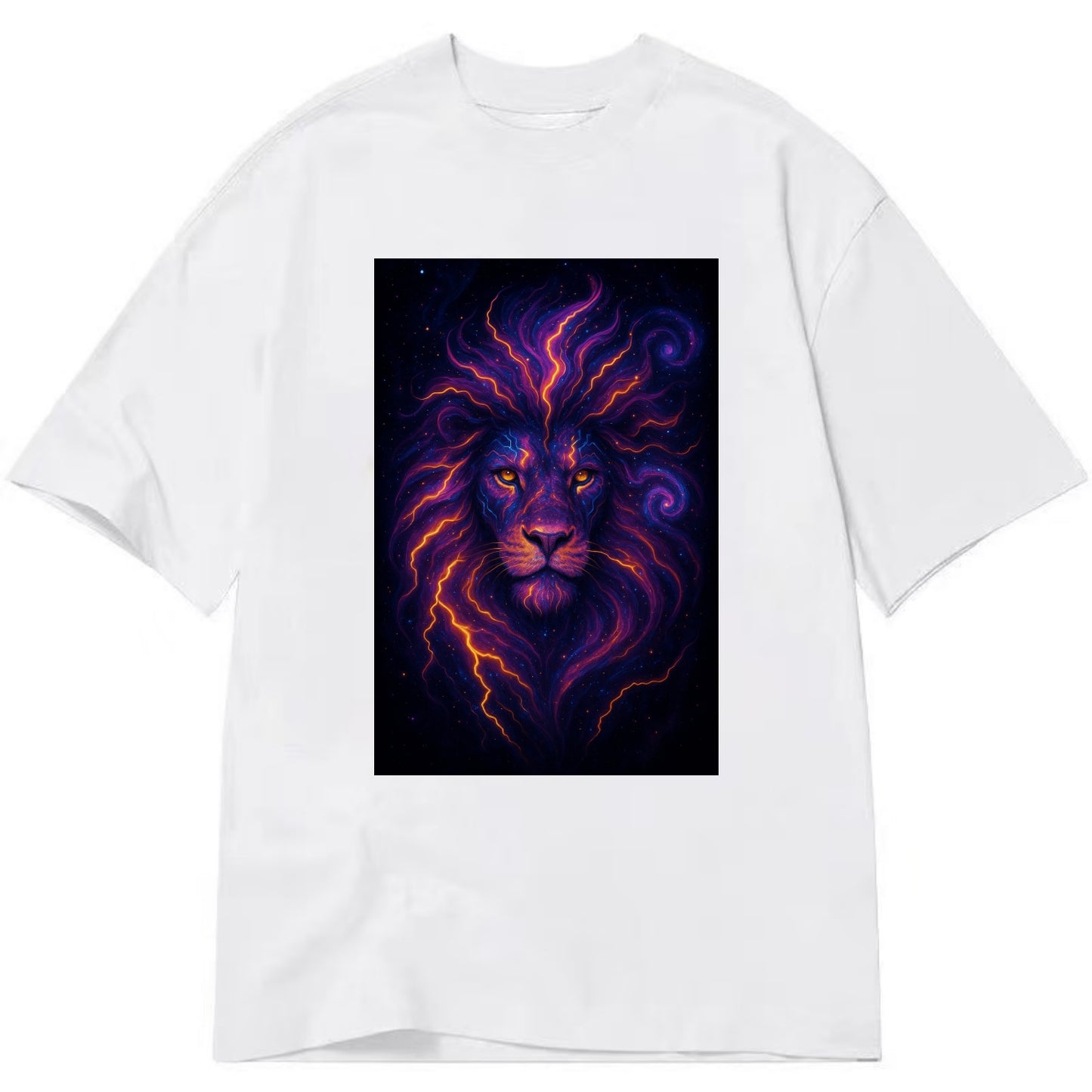Regal lion with mane made of electric currents, neon yellow and hot pink energy - Classic T-shirt - White