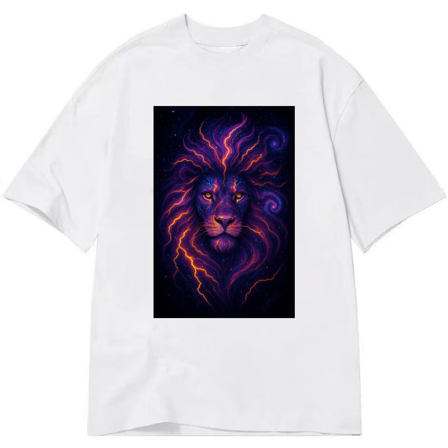 Regal lion with mane made of electric currents, neon yellow and hot pink energy - Classic T-shirt - White