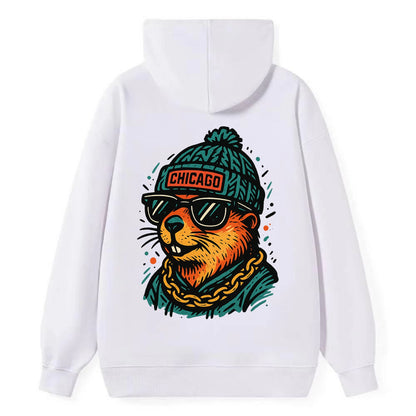 Illinois Prairie Dog wearing Chicago beanie with pom pom and wayfarer - Classic Pullover Hoodie - White