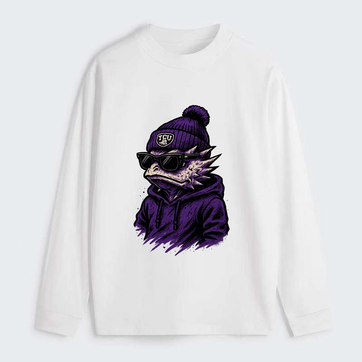 Fort Worth Horned Frog wearing TCU beanie with frog patch - Classic Long Sleeve Shirt - White