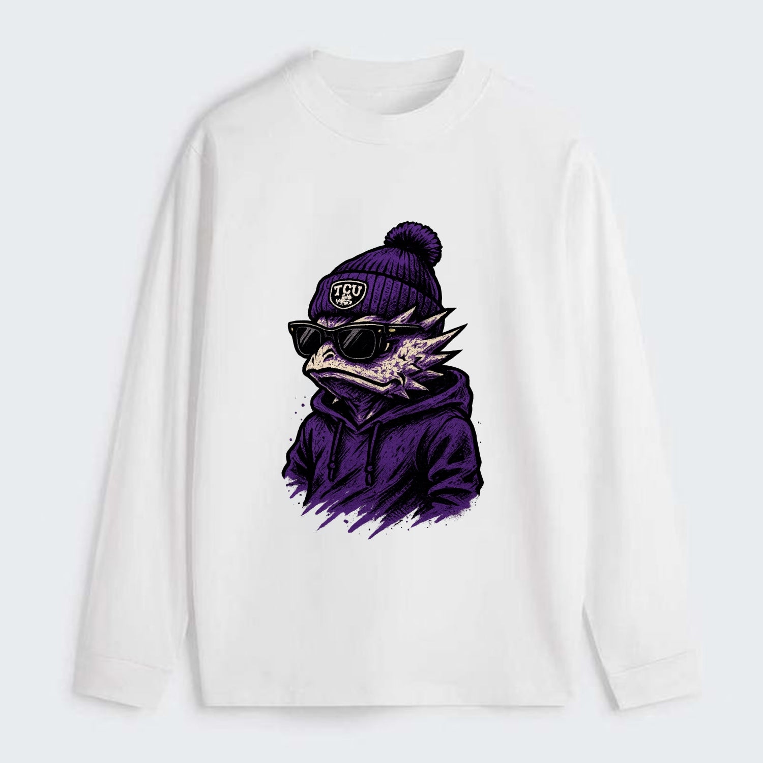 Fort Worth Horned Frog wearing TCU beanie with frog patch - Classic Long Sleeve Shirt - White