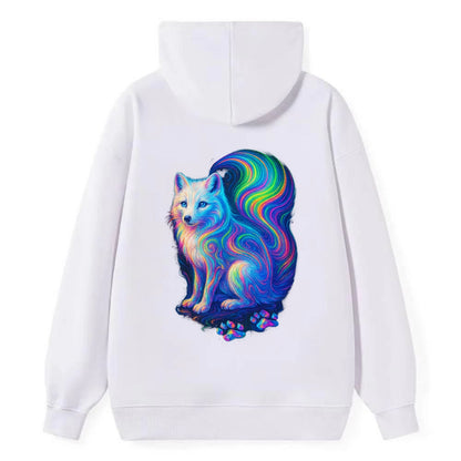 Graceful arctic fox with tail streaming aurora colors, white fur with - Classic Pullover Hoodie - White