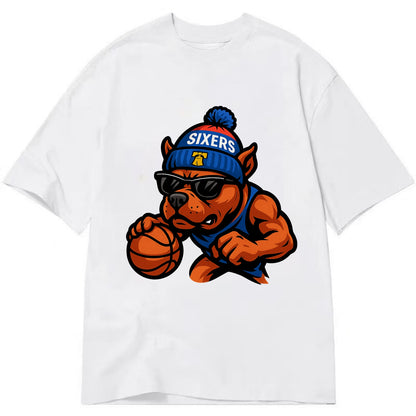 Philly Pitbull wearing Sixers beanie with Liberty Bell and wayfarer sunglasses - Classic T-shirt - White