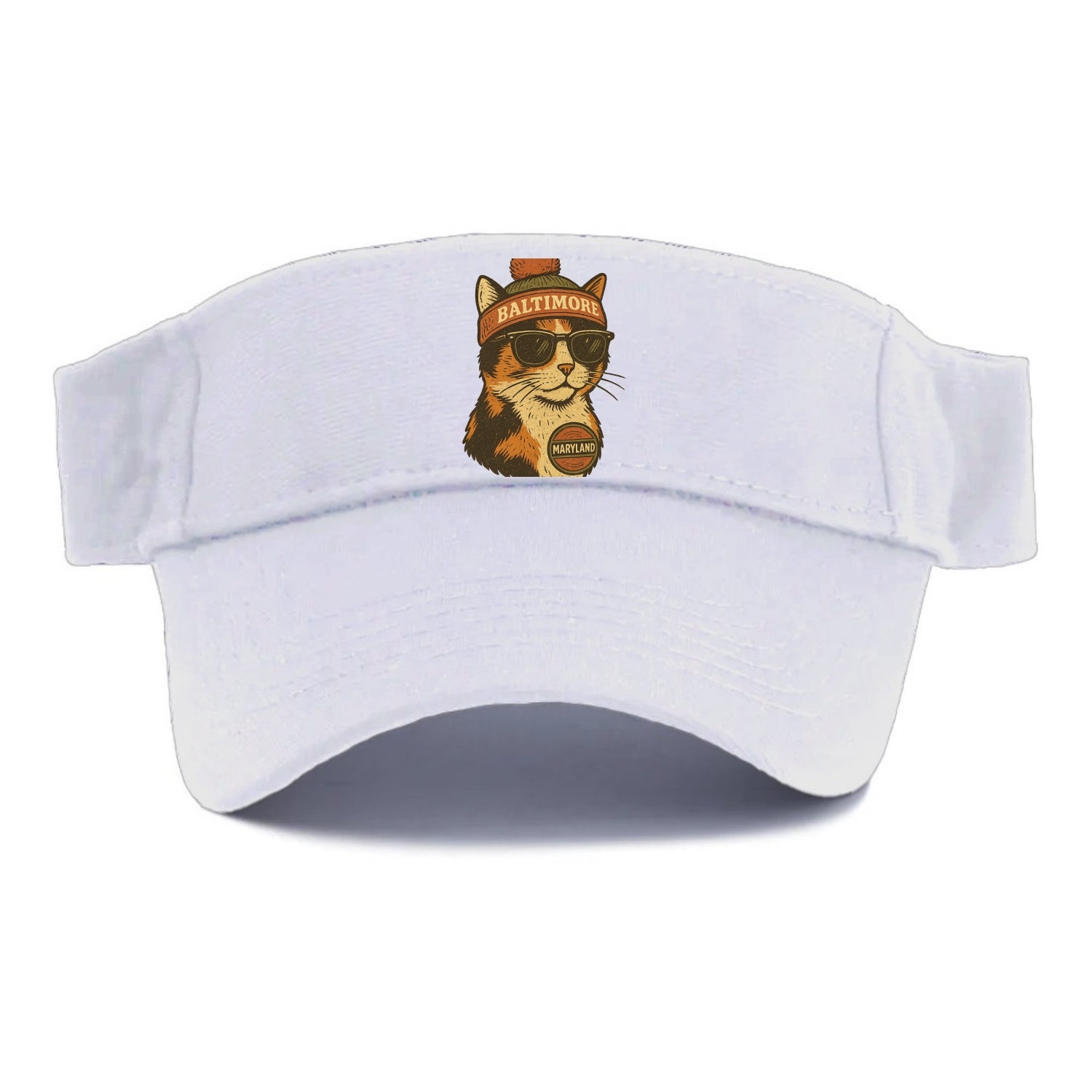 Maryland Calico Cat wearing Baltimore beanie with pom pom and wayfarer sunglasses - Visor - White