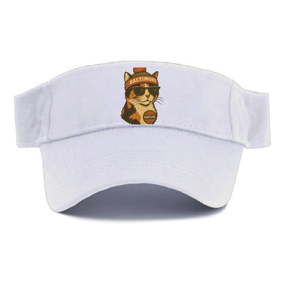 Maryland Calico Cat wearing Baltimore beanie with pom pom and wayfarer sunglasses - Visor - White