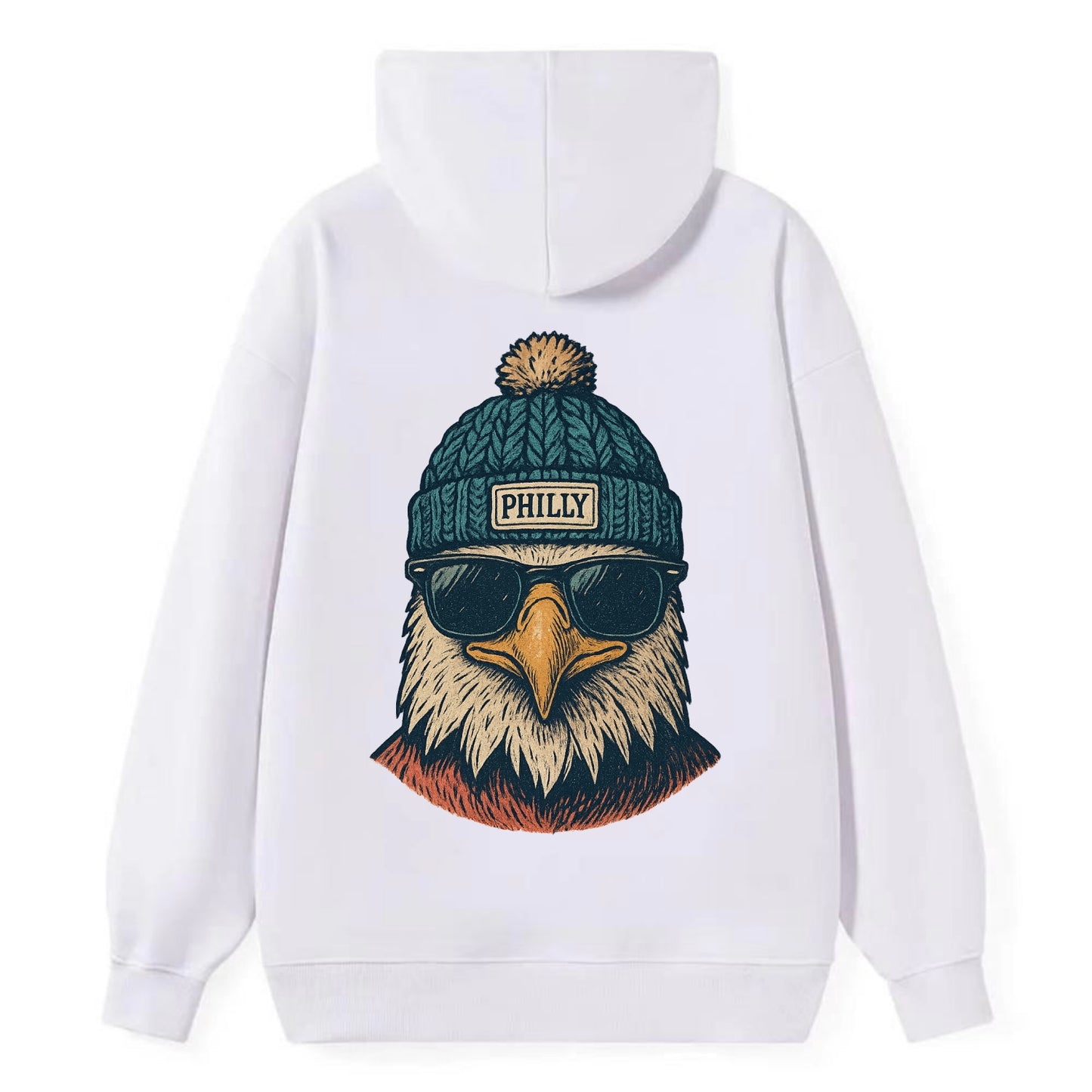 Philadelphia Eagle wearing Philly beanie with pom pom and wayfarer - Classic Pullover Hoodie - White