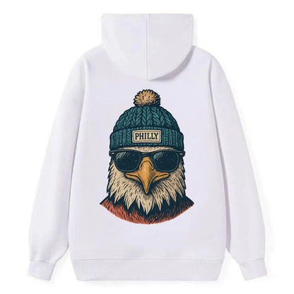 Philadelphia Eagle wearing Philly beanie with pom pom and wayfarer - Classic Pullover Hoodie - White