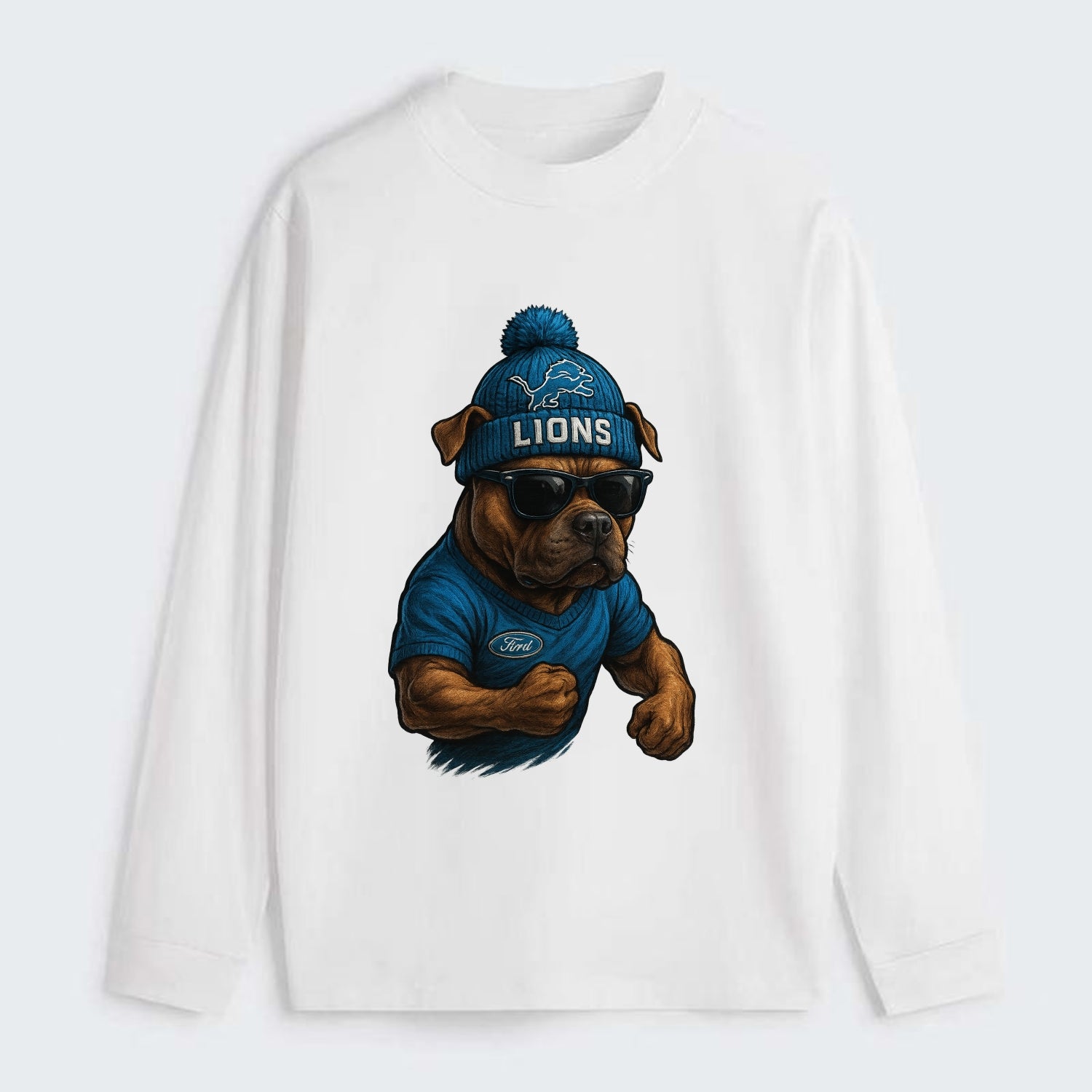 Detroit Pitbull wearing Lions beanie with auto patch and wayfarer - Classic Long Sleeve Shirt - White