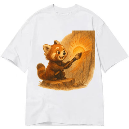 Red panda painting a sunrise mural with an oversized calligraphy brush on a cliff - Classic T-shirt - White