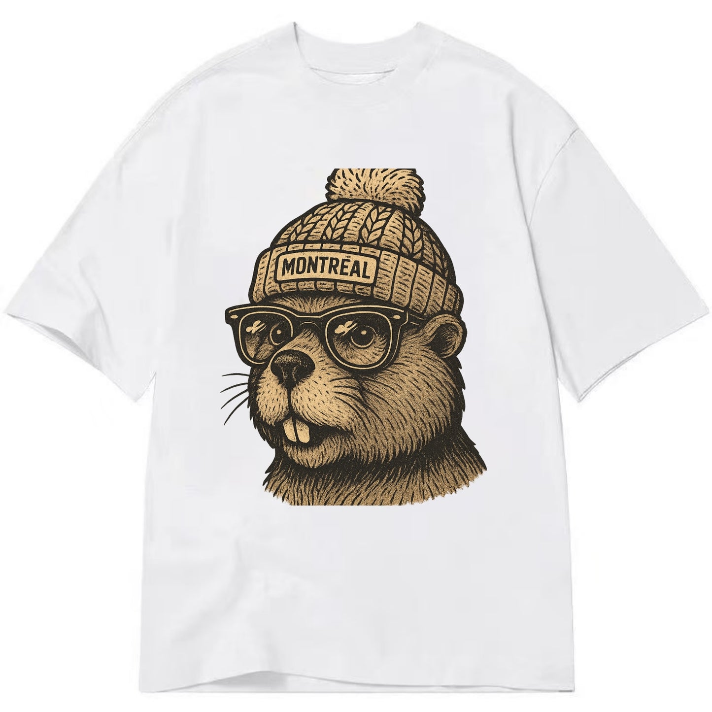 Montreal Beaver wearing Montreal beanie with pom pom and wayfarer sunglasses - Classic T-shirt - White