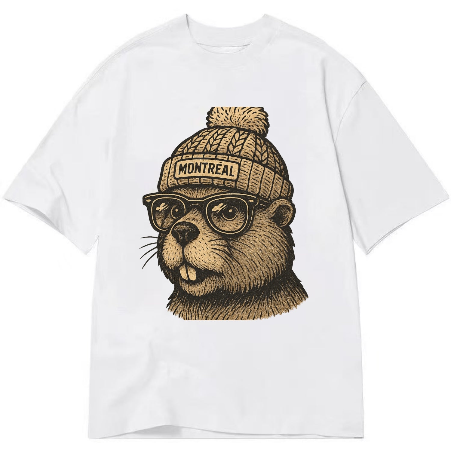 Montreal Beaver wearing Montreal beanie with pom pom and wayfarer sunglasses - Classic T-shirt - White