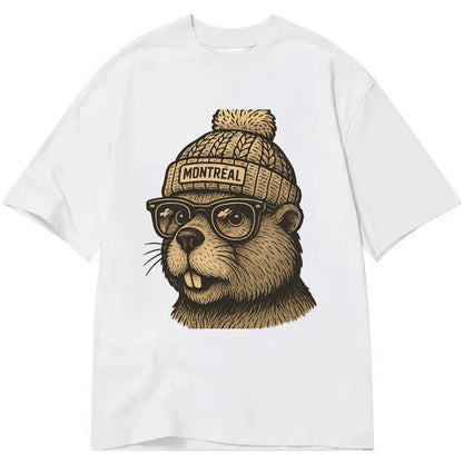 Montreal Beaver wearing Montreal beanie with pom pom and wayfarer sunglasses - Classic T-shirt - White