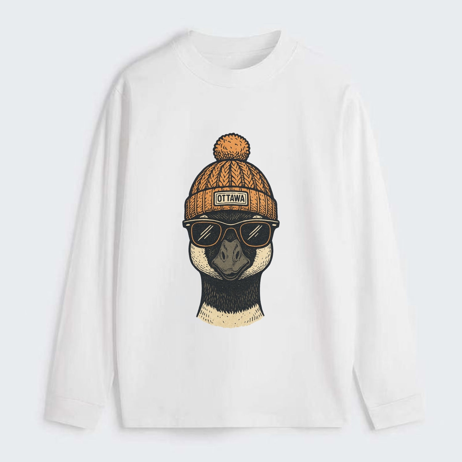 Ottawa Canadian Goose wearing Ottawa beanie with pom pom and wayfarer - Classic Long Sleeve Shirt - White