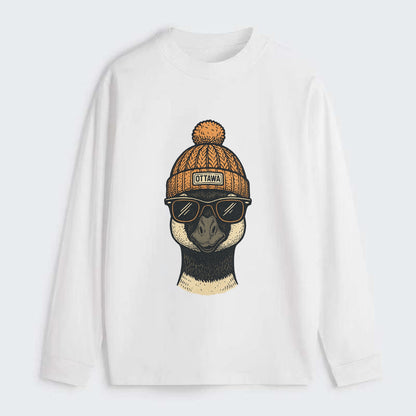 Ottawa Canadian Goose wearing Ottawa beanie with pom pom and wayfarer - Classic Long Sleeve Shirt - White