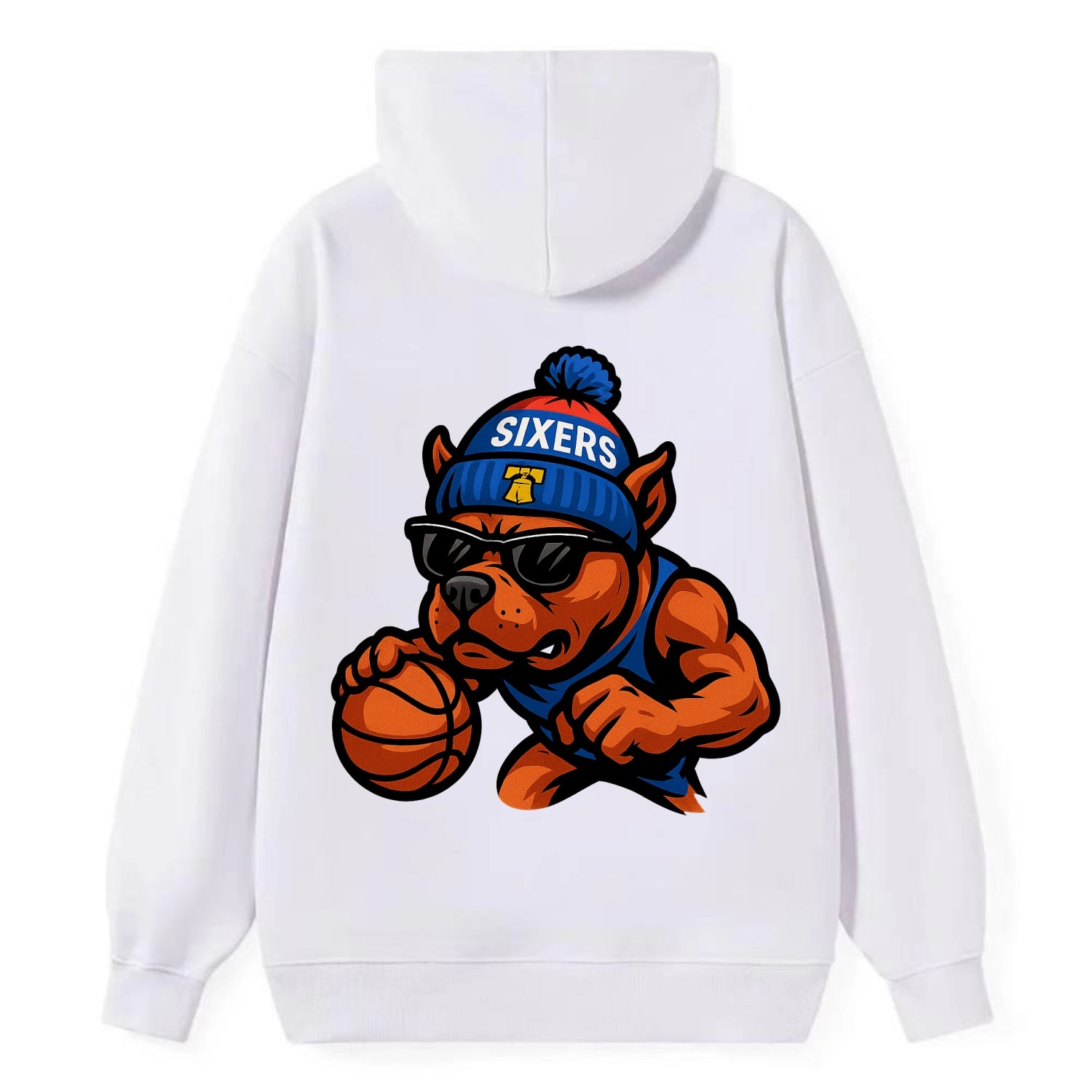 Philly Pitbull wearing Sixers beanie with Liberty Bell and wayfarer - Classic Pullover Hoodie - White