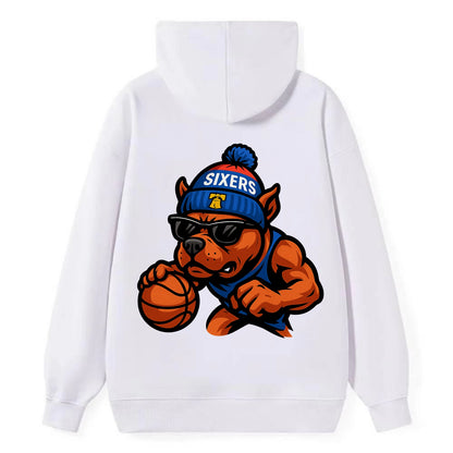 Philly Pitbull wearing Sixers beanie with Liberty Bell and wayfarer - Classic Pullover Hoodie - White