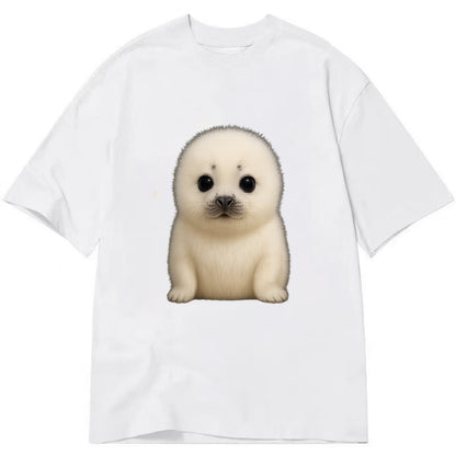 Baby Harp Seal - pure white fluffy fur, enormous dark eyes, front-facing, iconic - Classic T-shirt - White