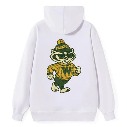 Wisconsin Badger wearing Packers green and gold beanie with pom pom and - Classic Pullover Hoodie - White
