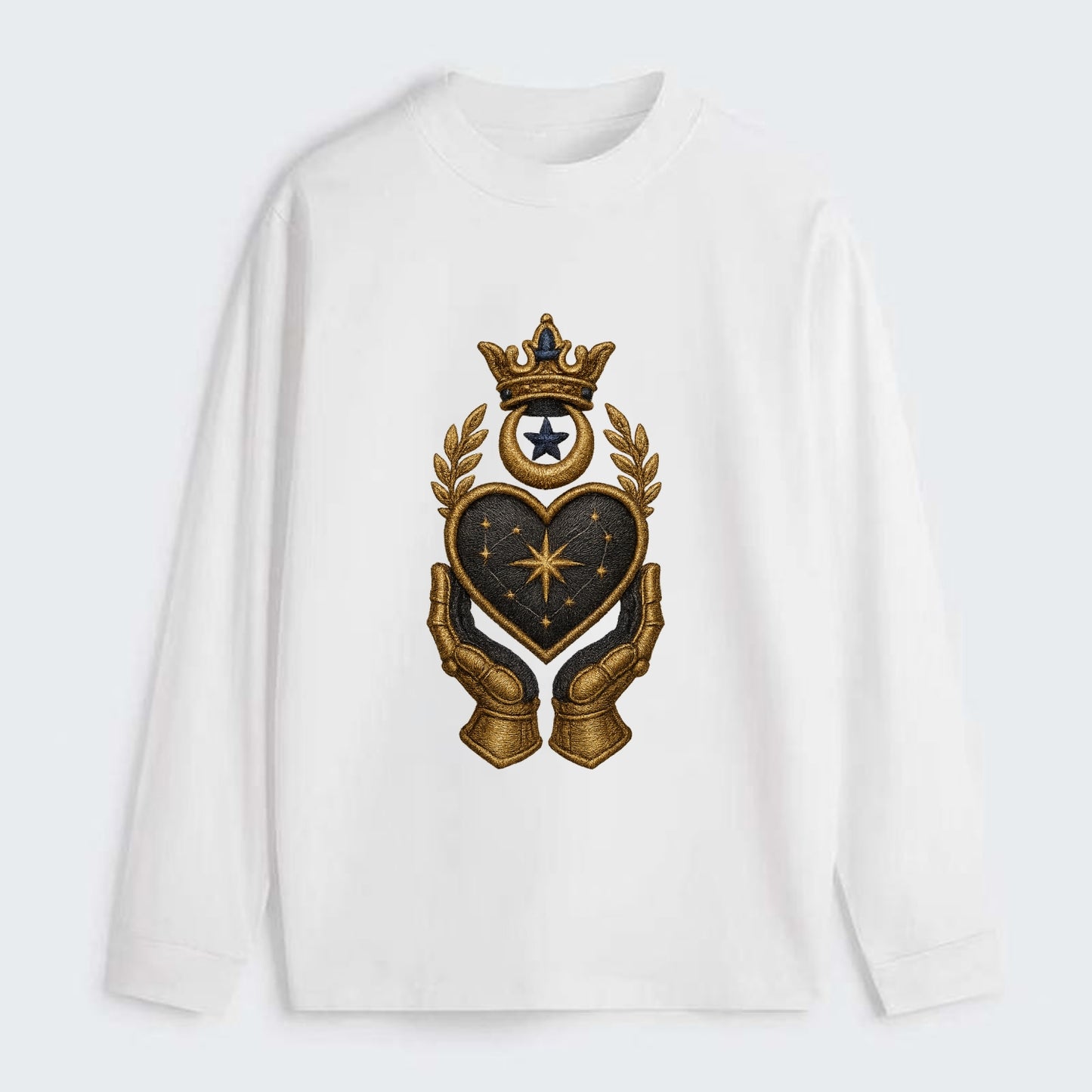 Crowned heart with Art Deco sunburst crown and geometric filigree hands - Classic Long Sleeve Shirt - White