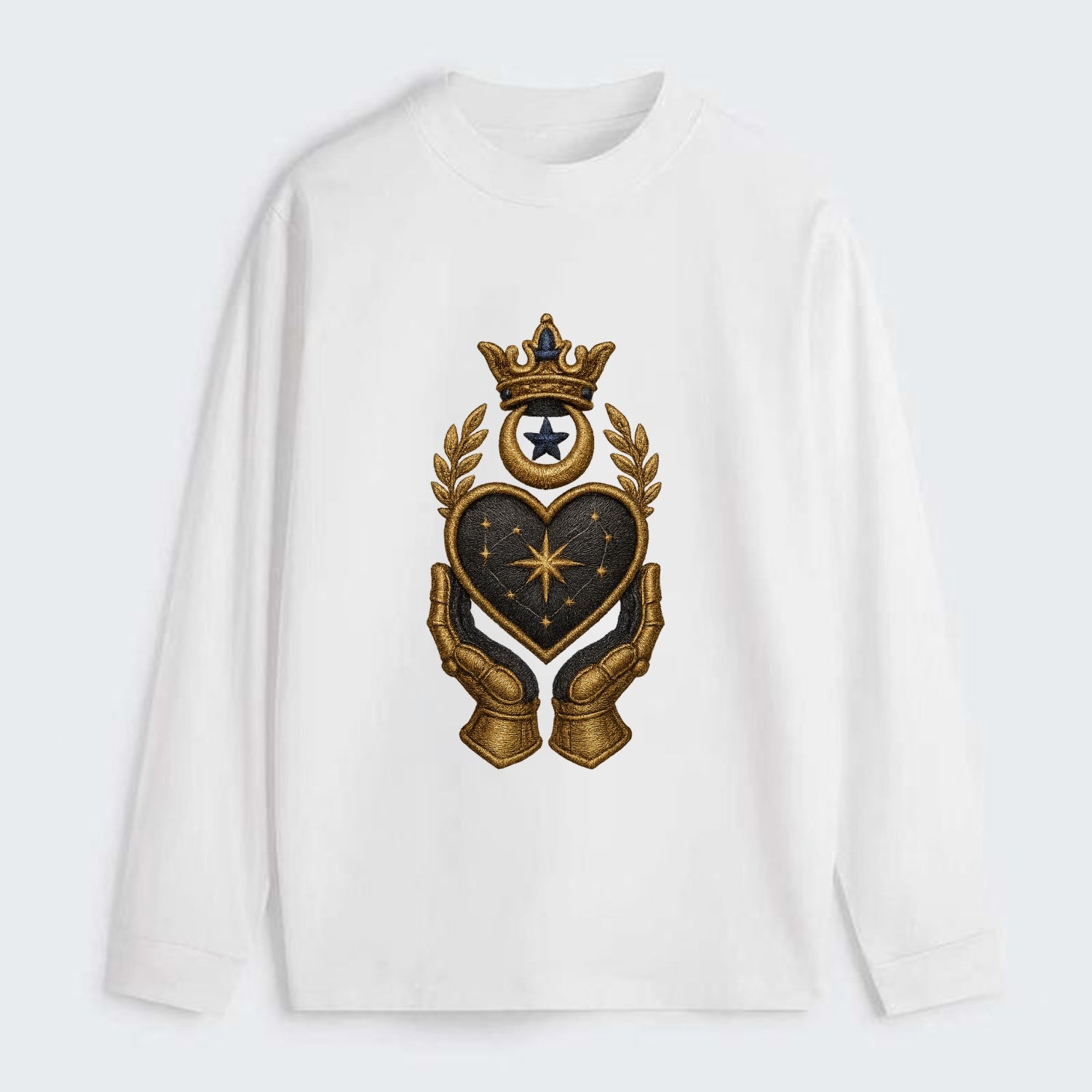 Crowned heart with Art Deco sunburst crown and geometric filigree hands - Classic Long Sleeve Shirt - White