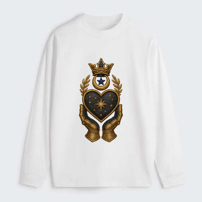 Crowned heart with Art Deco sunburst crown and geometric filigree hands - Classic Long Sleeve Shirt - White