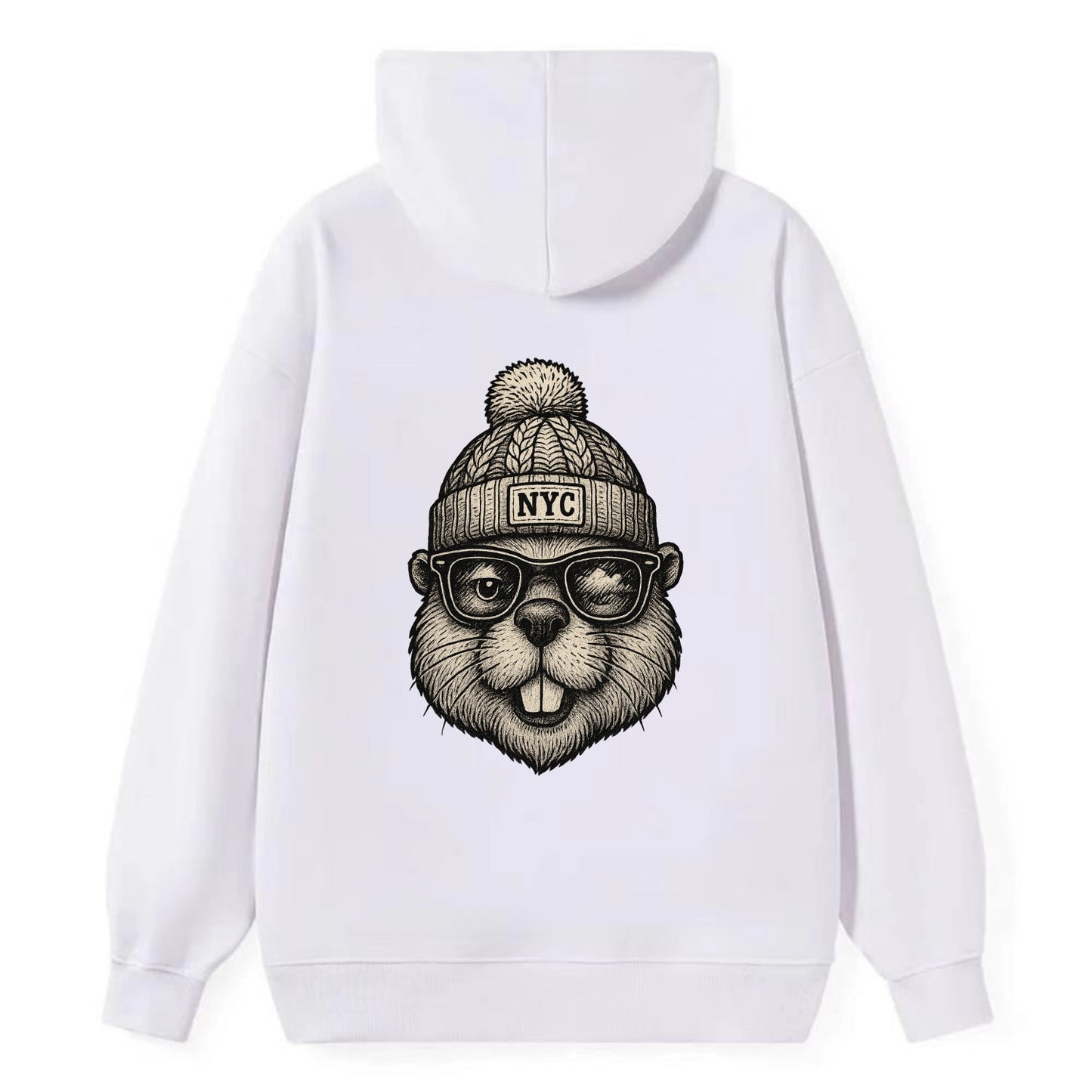 New York Beaver wearing NYC beanie with pom pom and wayfarer sunglasses - Classic Pullover Hoodie - White