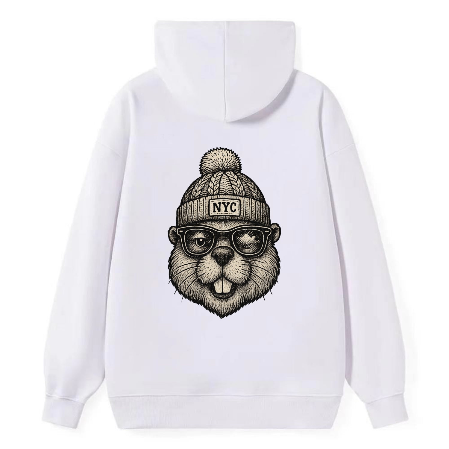 New York Beaver wearing NYC beanie with pom pom and wayfarer sunglasses - Classic Pullover Hoodie - White