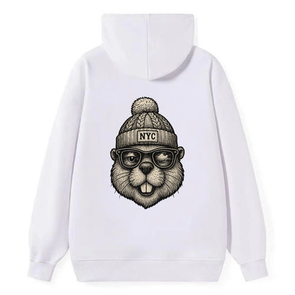 New York Beaver wearing NYC beanie with pom pom and wayfarer sunglasses - Classic Pullover Hoodie - White