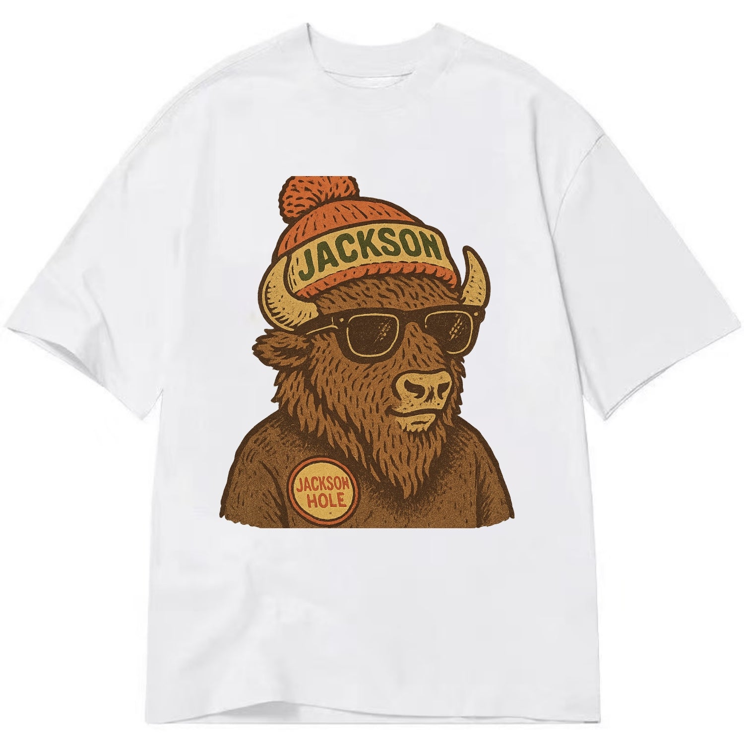 Jackson Hole Bison wearing Jackson beanie with pom pom and wayfarer sunglasses - Classic T-shirt - White