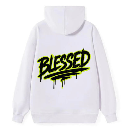 Bold typography design - "BLESSED" - recognizing good fortune, abundance - Classic Pullover Hoodie - White