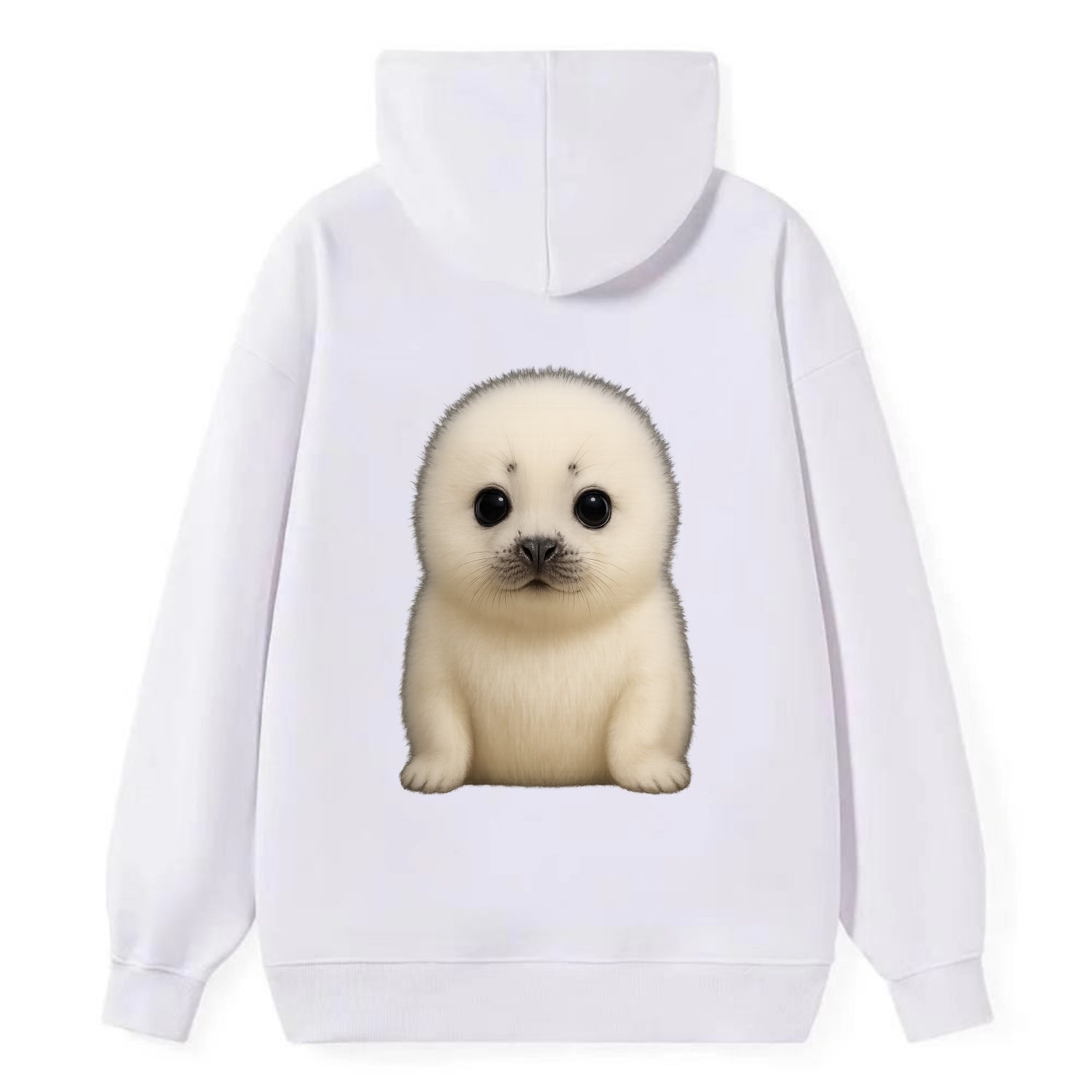 Baby Harp Seal - pure white fluffy fur, enormous dark eyes, front-facing, - Classic Pullover Hoodie - White