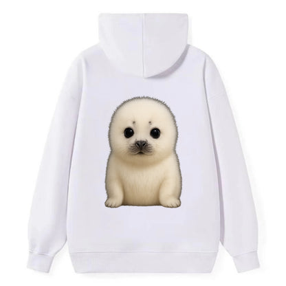 Baby Harp Seal - pure white fluffy fur, enormous dark eyes, front-facing, - Classic Pullover Hoodie - White