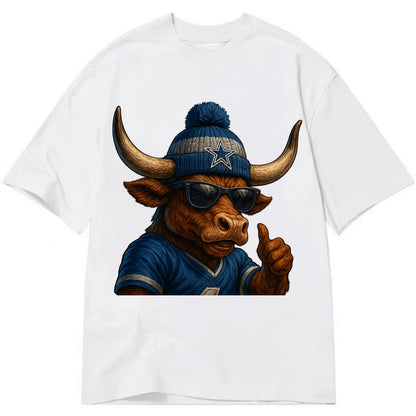 Texas Longhorn wearing Cowboys silver and blue beanie with star and wayfarer - Classic T-shirt - White