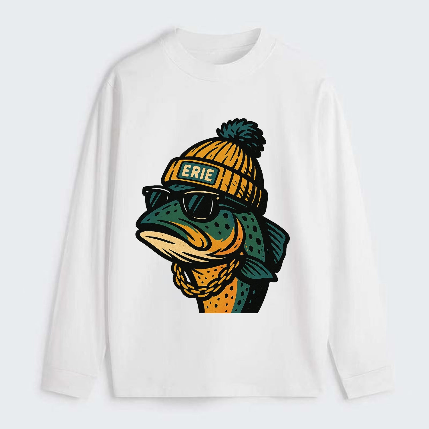 Erie Lake Trout wearing Erie beanie with pom pom and wayfarer sunglasses - Classic Long Sleeve Shirt - White