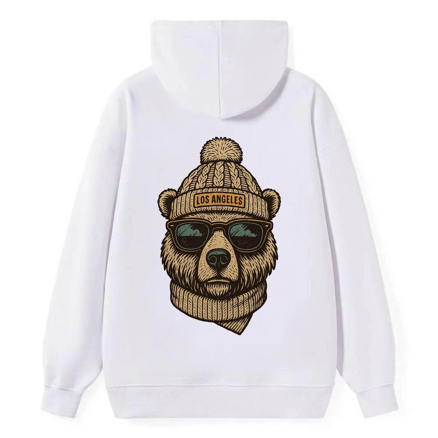 California Grizzly Bear wearing Los Angeles beanie with pom pom and - Classic Pullover Hoodie - White