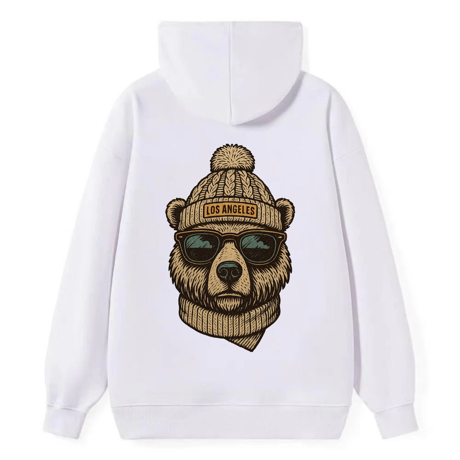 California Grizzly Bear wearing Los Angeles beanie with pom pom and - Classic Pullover Hoodie - White