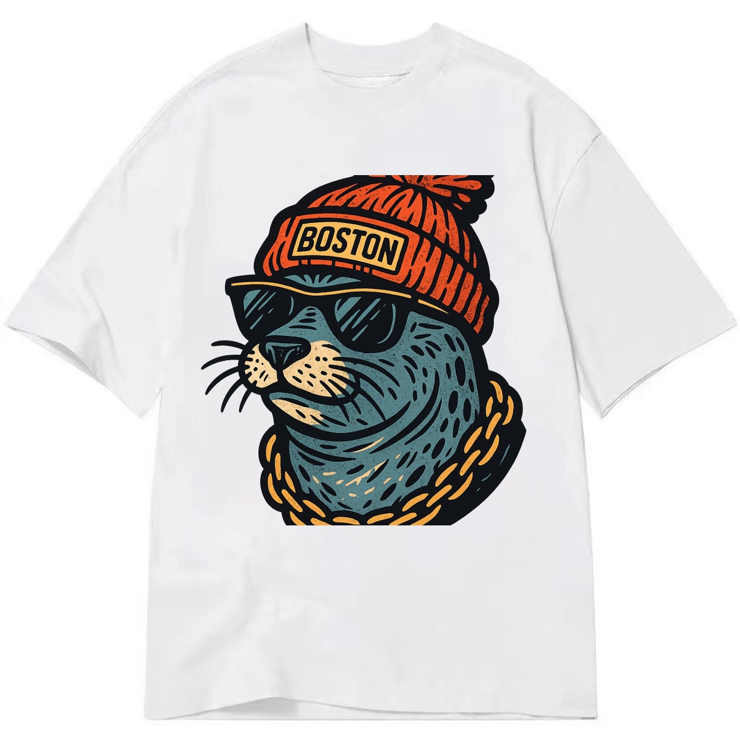 Boston Harbor Seal wearing Boston beanie with pom pom and wayfarer sunglasses - Classic T-shirt - White