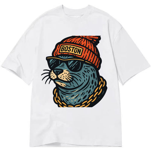 Boston Harbor Seal wearing Boston beanie with pom pom and wayfarer sunglasses - Classic T-shirt