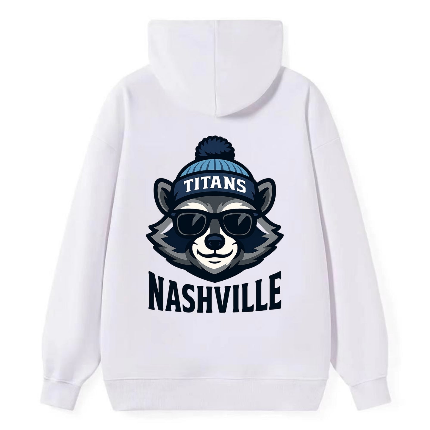 Nashville Raccoon wearing Titans navy and light blue beanie with pom pom - Classic Pullover Hoodie - White