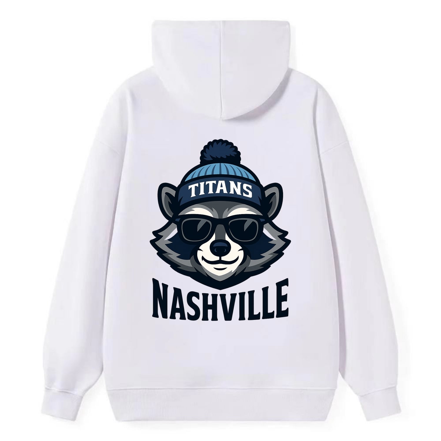 Nashville Raccoon wearing Titans navy and light blue beanie with pom pom - Classic Pullover Hoodie - White