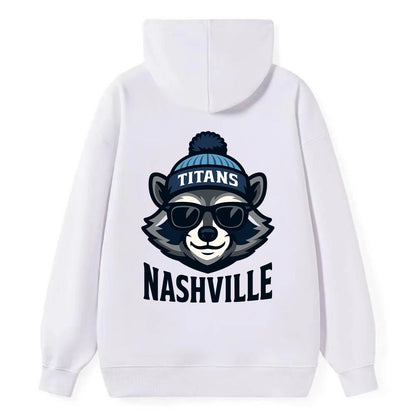 Nashville Raccoon wearing Titans navy and light blue beanie with pom pom - Classic Pullover Hoodie - White
