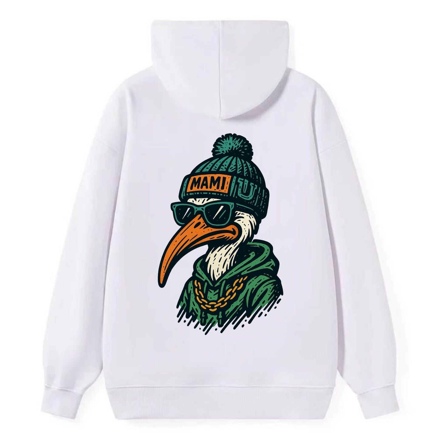 Coral Gables Ibis wearing Miami beanie with U patch - Classic Pullover Hoodie - White