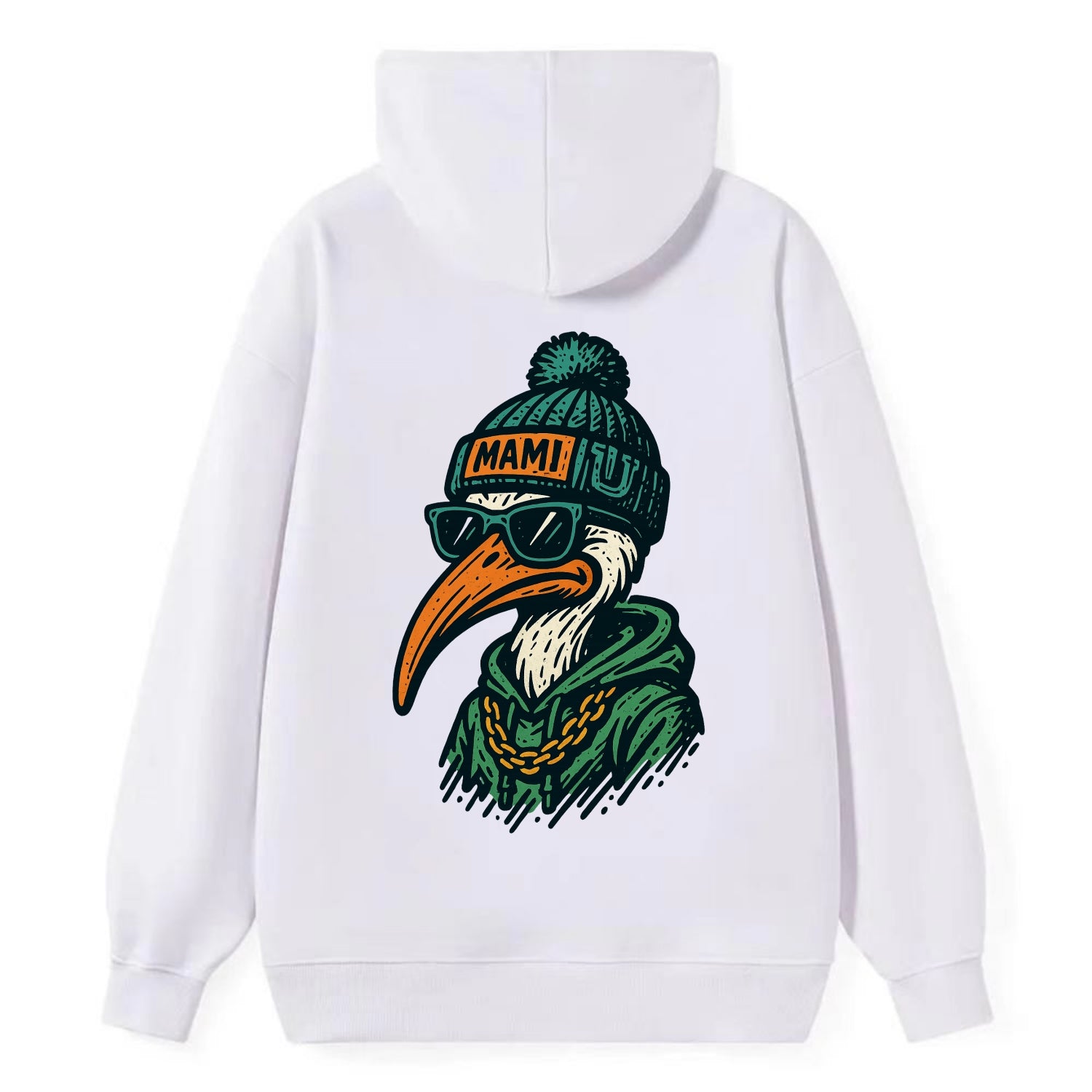 Coral Gables Ibis wearing Miami beanie with U patch - Classic Pullover Hoodie - White