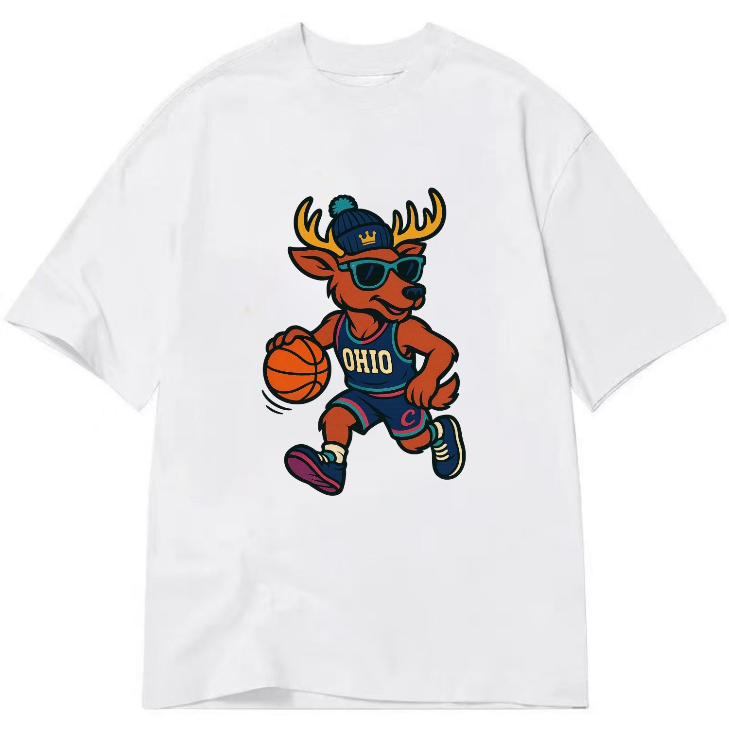 Ohio Deer wearing Cavs beanie with crown patch and wayfarer sunglasses - Classic T-shirt - White