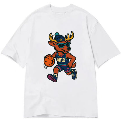 Ohio Deer wearing Cavs beanie with crown patch and wayfarer sunglasses - Classic T-shirt - White