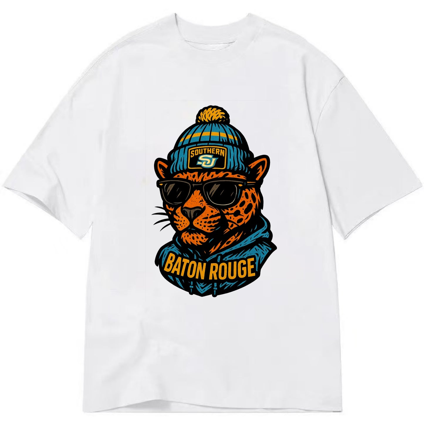 Baton Rouge Jaguar wearing Southern beanie with SU patch - Classic T-shirt - White