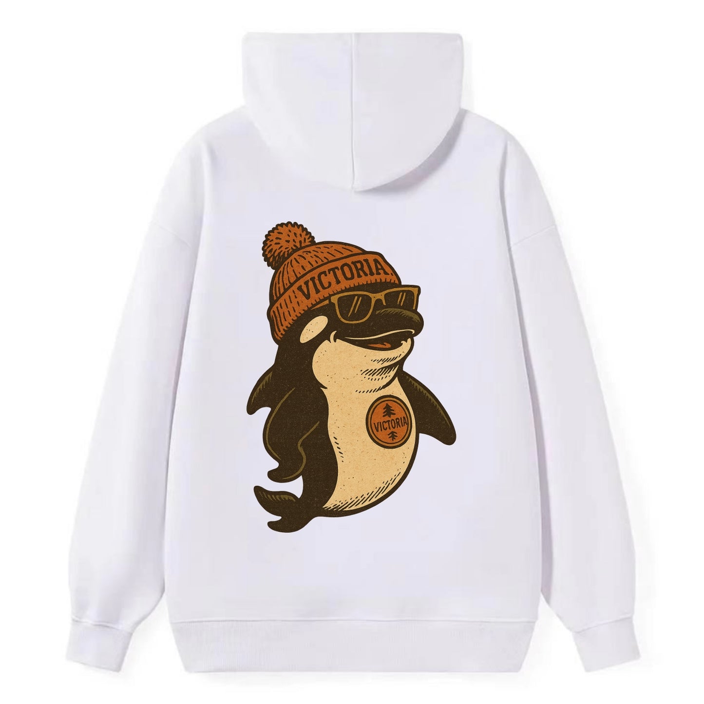 Victoria Orca wearing Victoria beanie with pom pom and wayfarer sunglasses - Classic Pullover Hoodie - White