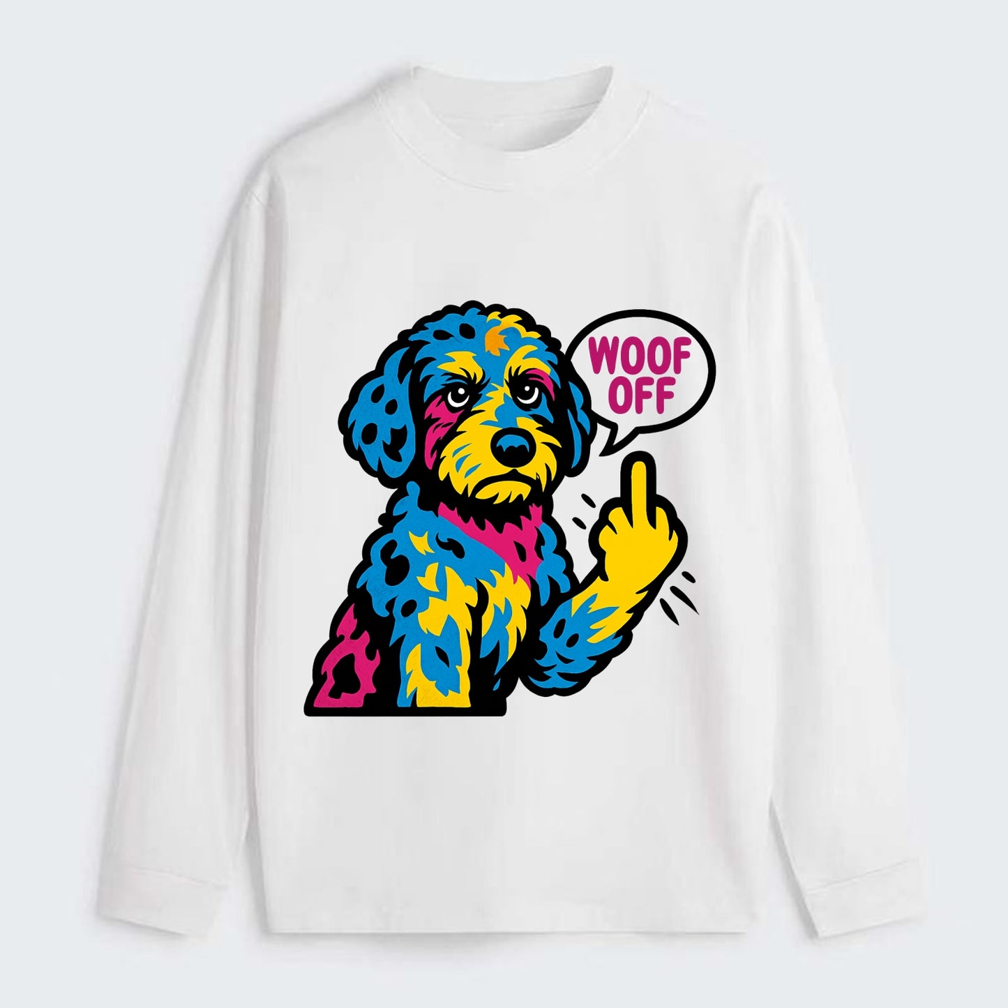 Aussiedoodle with merle patches and curly coat, playful smart paw raised - Classic Long Sleeve Shirt - White