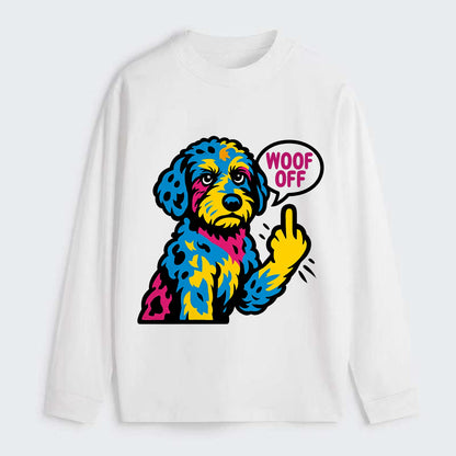 Aussiedoodle with merle patches and curly coat, playful smart paw raised - Classic Long Sleeve Shirt - White