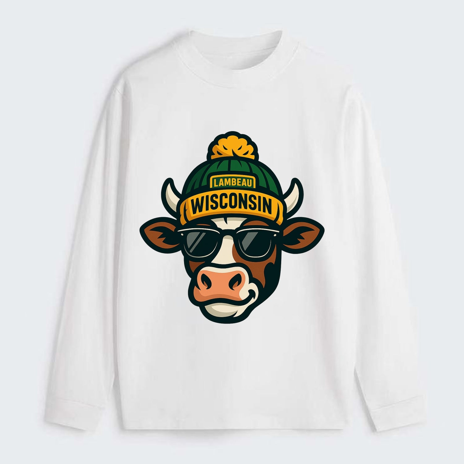 Wisconsin Cow wearing Packers beanie with Lambeau patch and wayfarer - Classic Long Sleeve Shirt - White